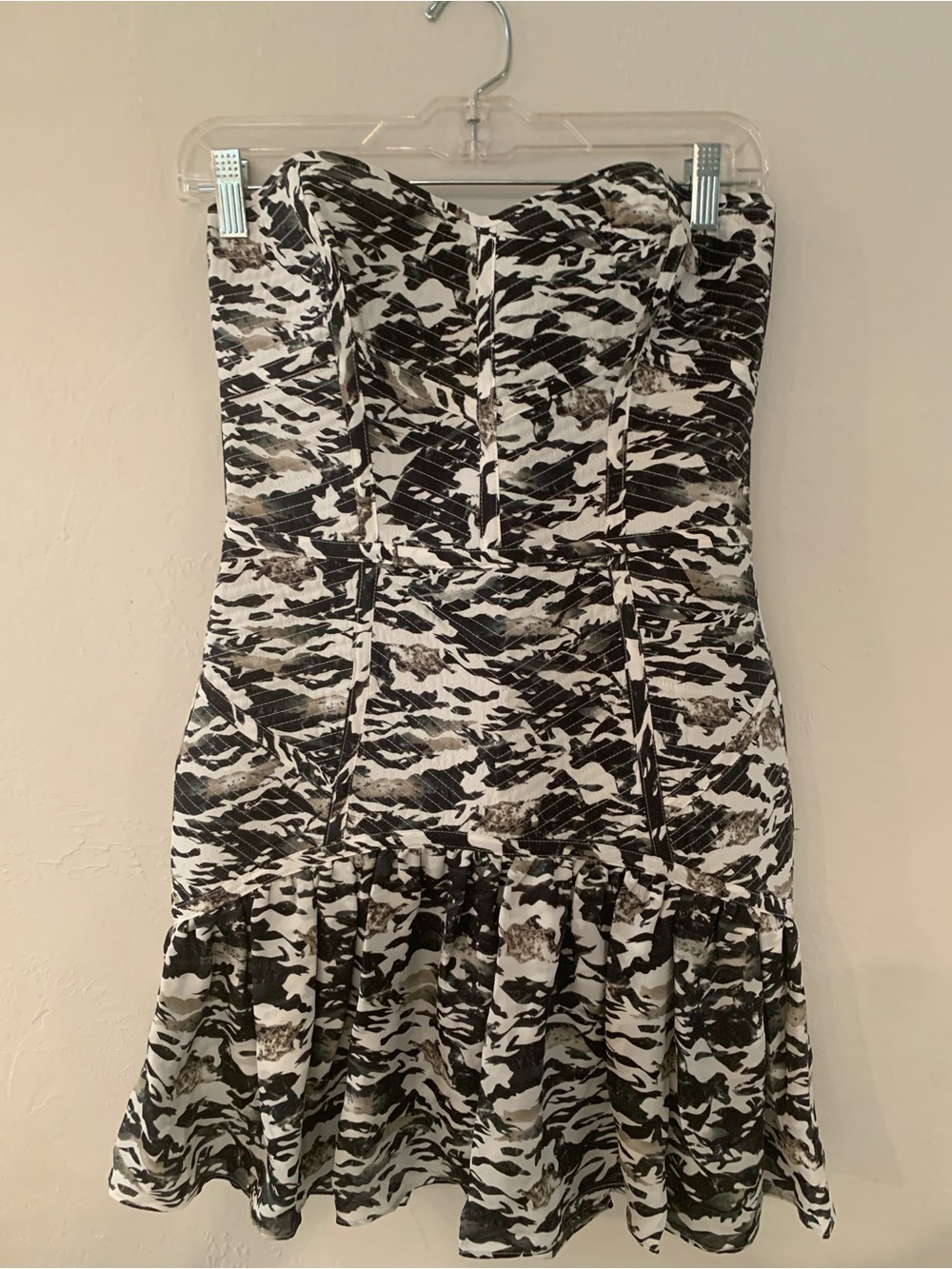 Parker Strapless Tidal Camo Patterned Ruffle-Hem Mini Dress S retail $297